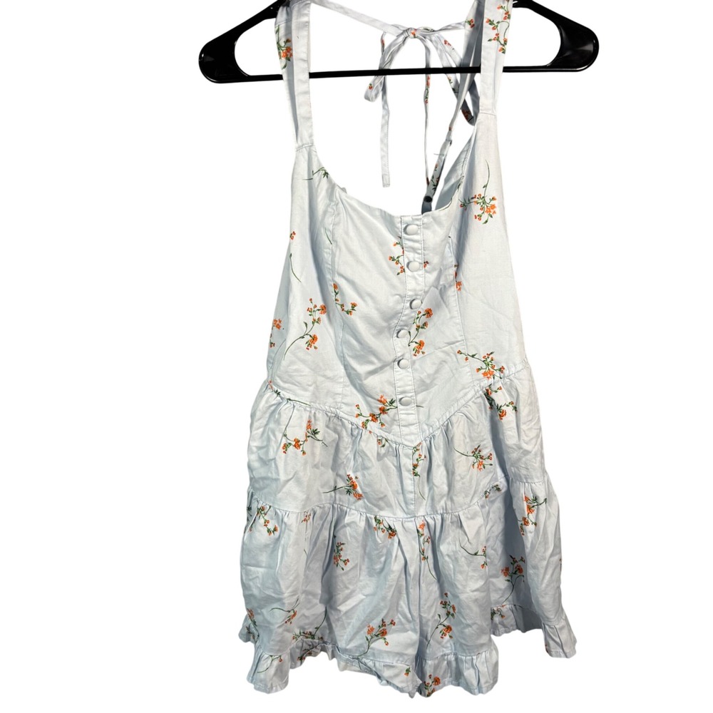 Floral‎ Romper Womens Small Light Blue Tie Back Ruffle Hem
